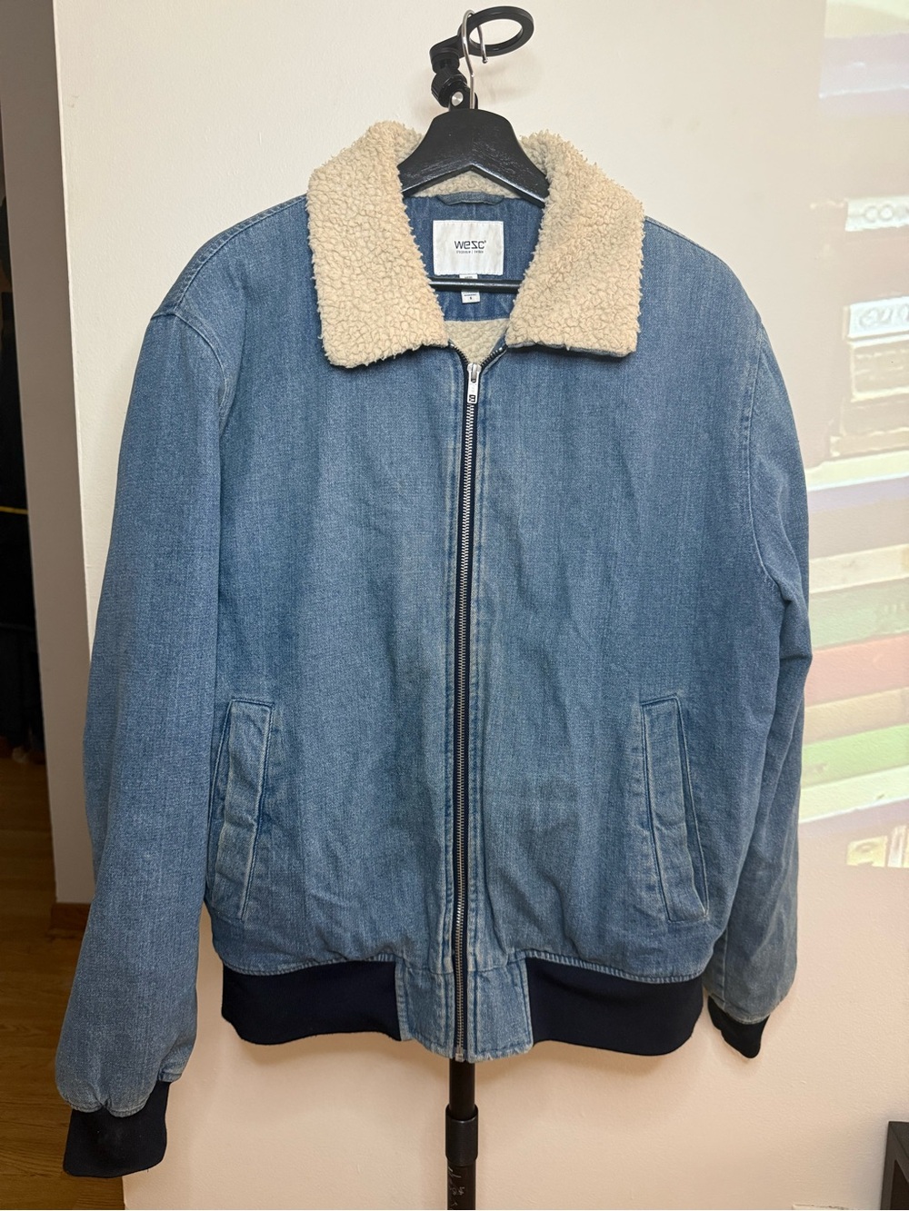 WESC Blue Denim Bomber Jacket with Cream Sherpa Collar